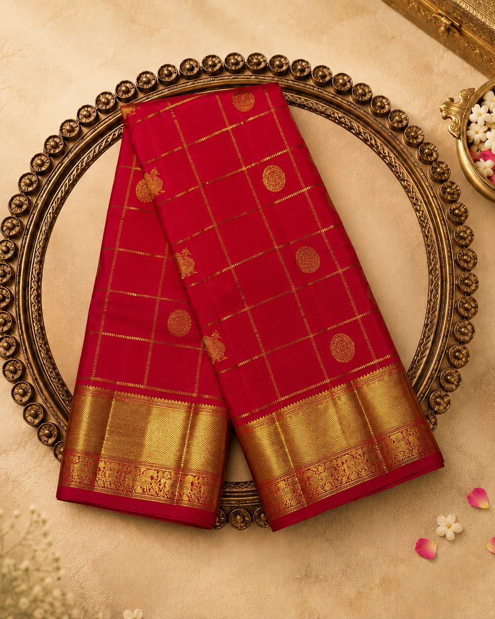 Bright Red Kanjeevaram Silk Saree with Zari Checks-Motifs