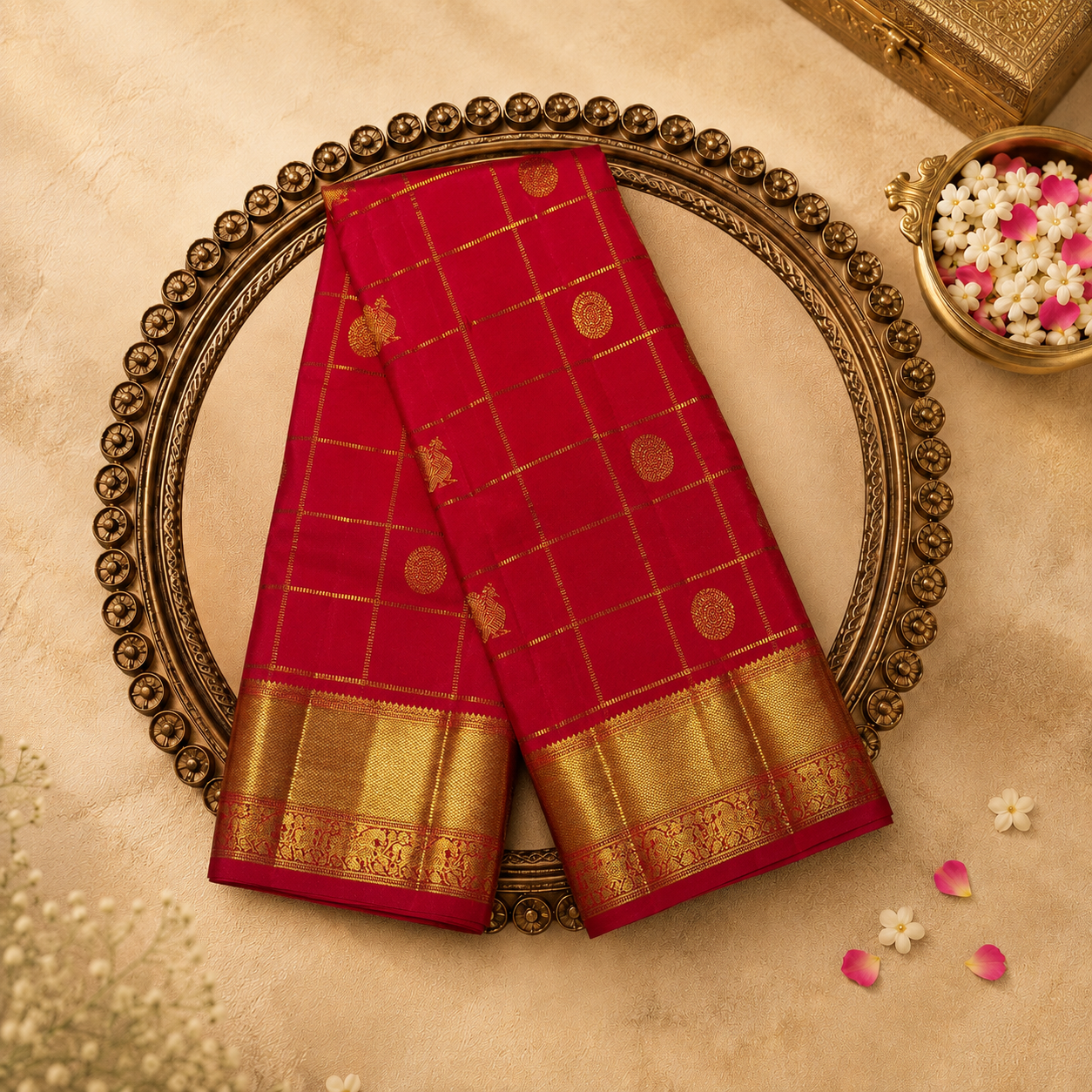 Bright Red Kanjeevaram Silk Saree with Zari Checks-Motifs