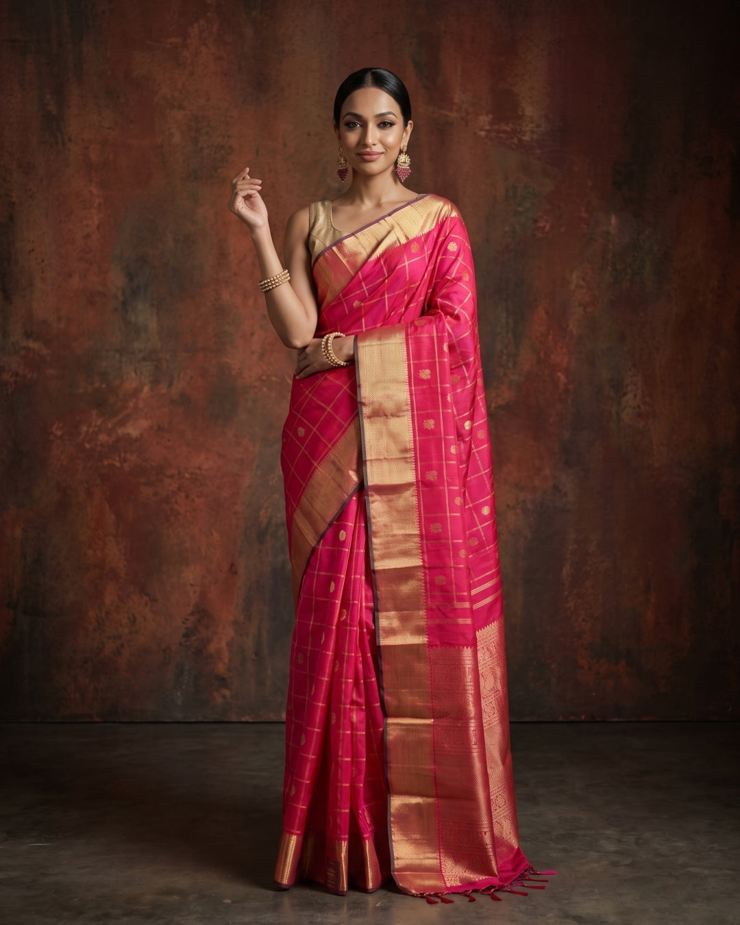 Bright Red & Pink Dual-Tone Pure Kanjeevaram Silk Saree with Zari Checks - detail