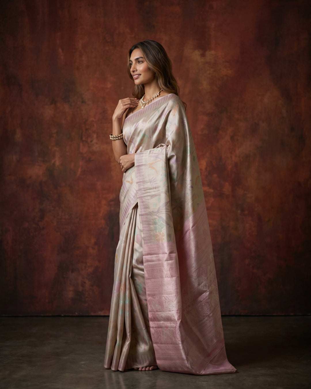 Golden Pure Kanjeevaram Tissue Saree with Floral Weave & Pink Border