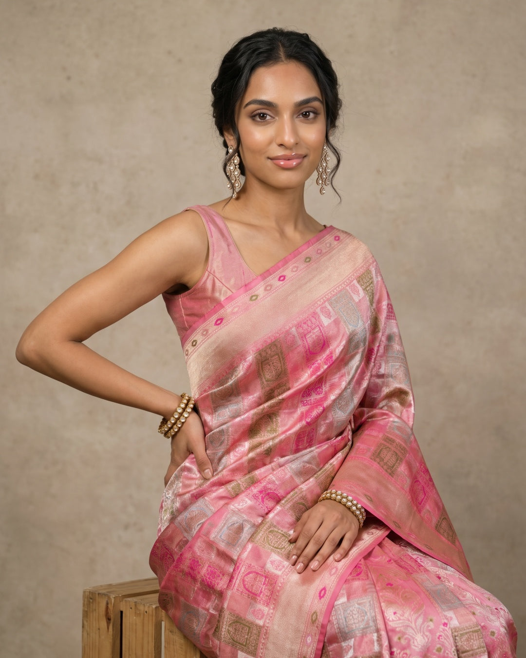 Blush Pink Pure Banarasi Brocade Silk Saree with Meenakari Work - detail
