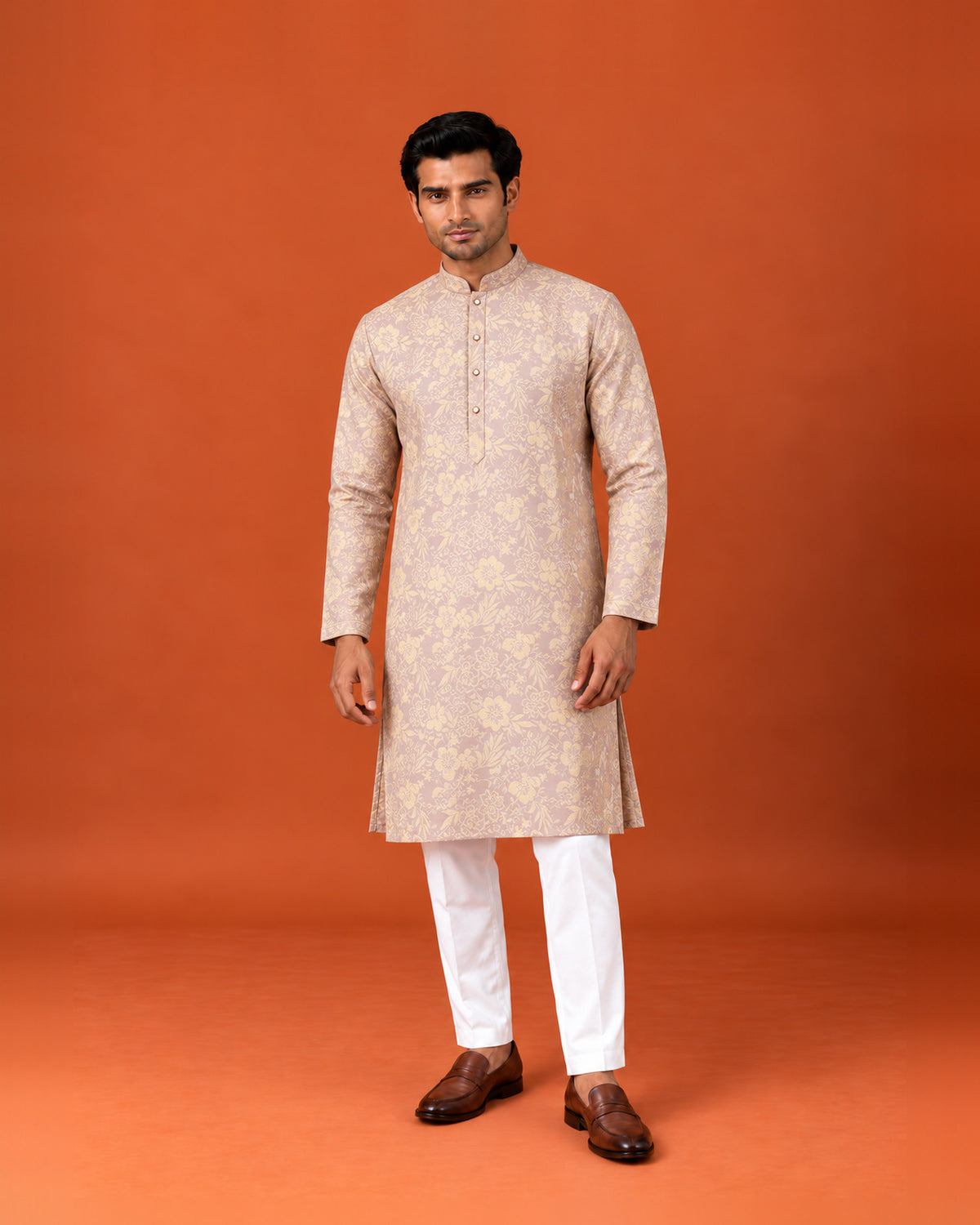 Dusky Lavender Silk Kurta with White Floral Weave & Pants