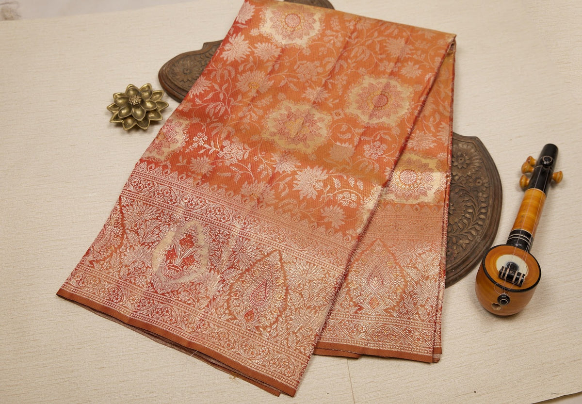 Orange Kanjeevaram Tissue Silk Saree with Floral Zari Brocade & Broad Gold Zari Border