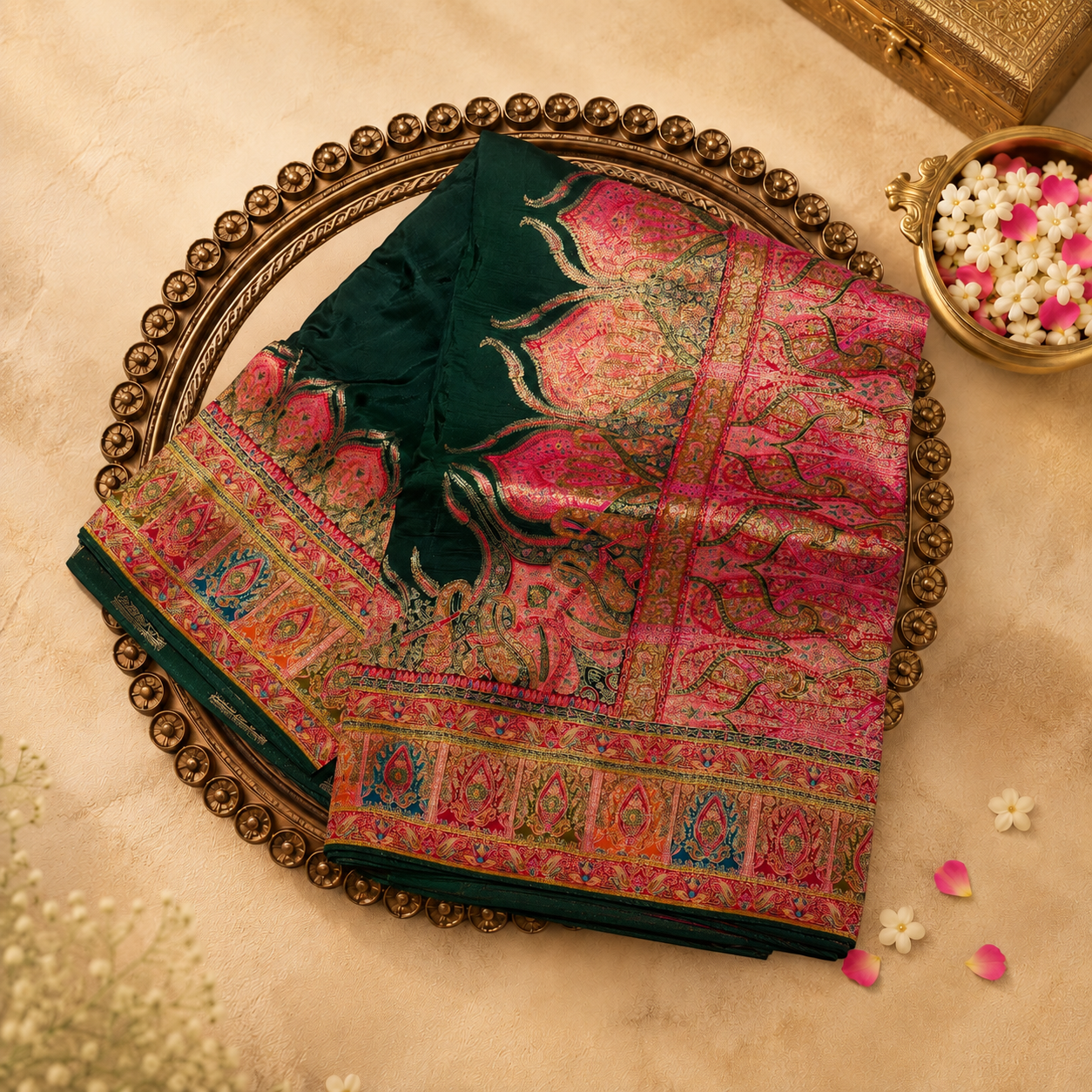 Bottle Green Semi Pashmina Silk Saree with Multicolour Border