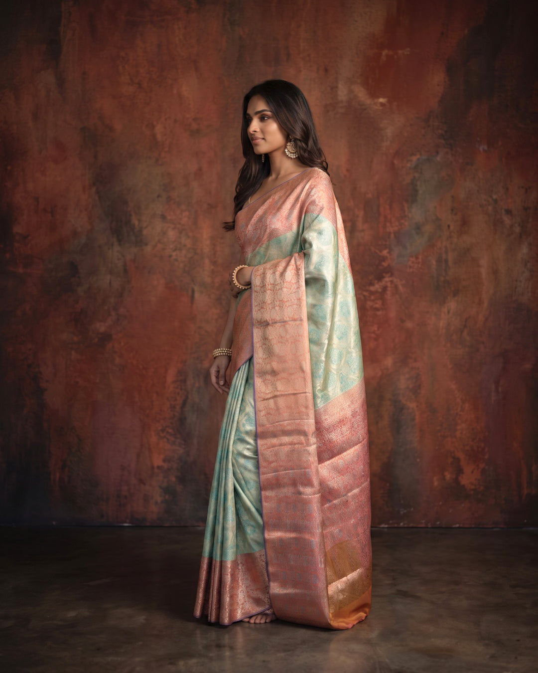 Peacock Green & Blue Dual-Tone Kanjeevaram Tissue Silk Saree with Floral Border