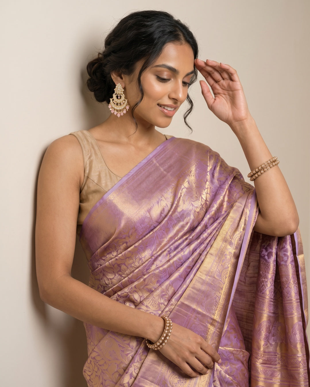Gold & Lavender Dual-Tone Kanjeevaram Silk Saree with Brocade Weave - detail
