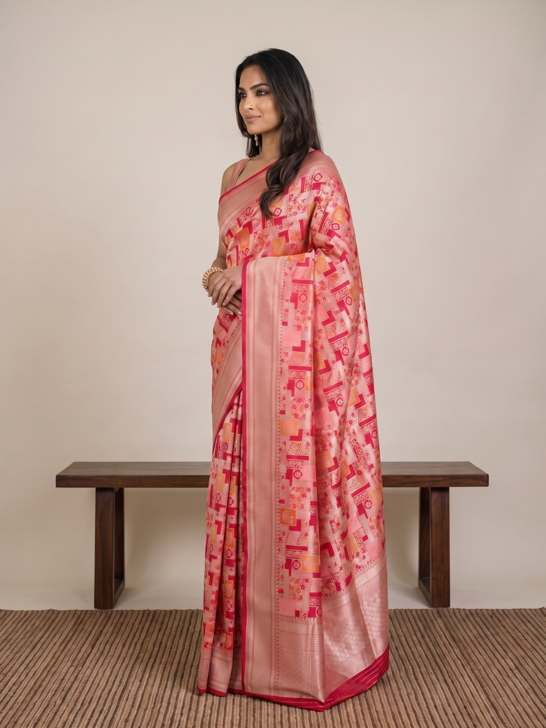 Red Pure Banarasi Brocade Silk Saree with Meenakari & Gold Zari Border