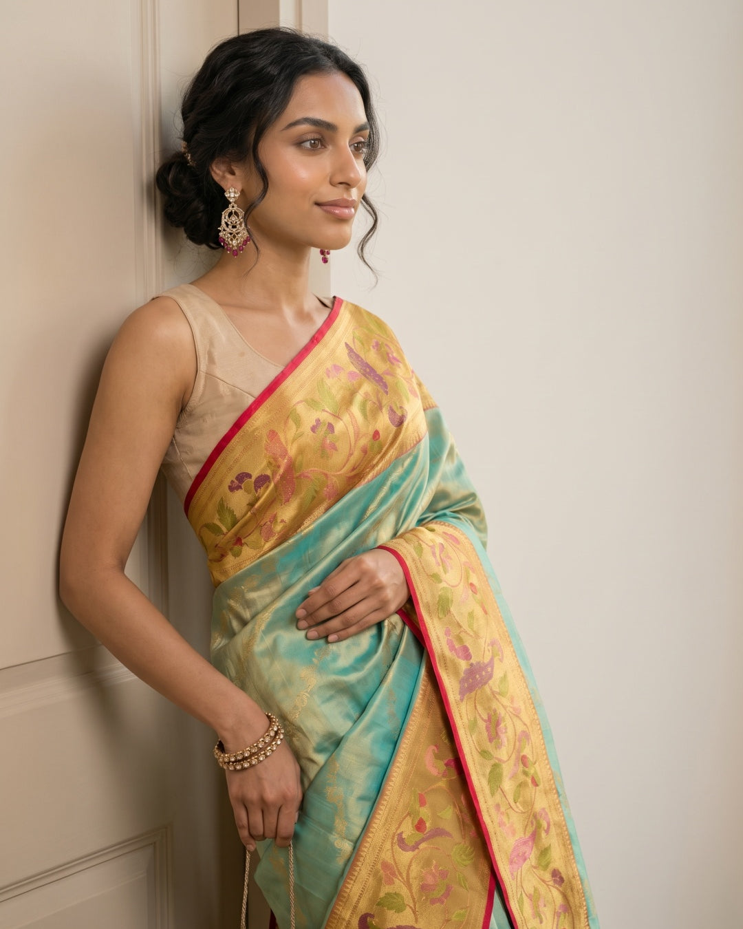 Light Green Pure Kanjeevaram Tissue Silk Saree with Paithani Border - detail