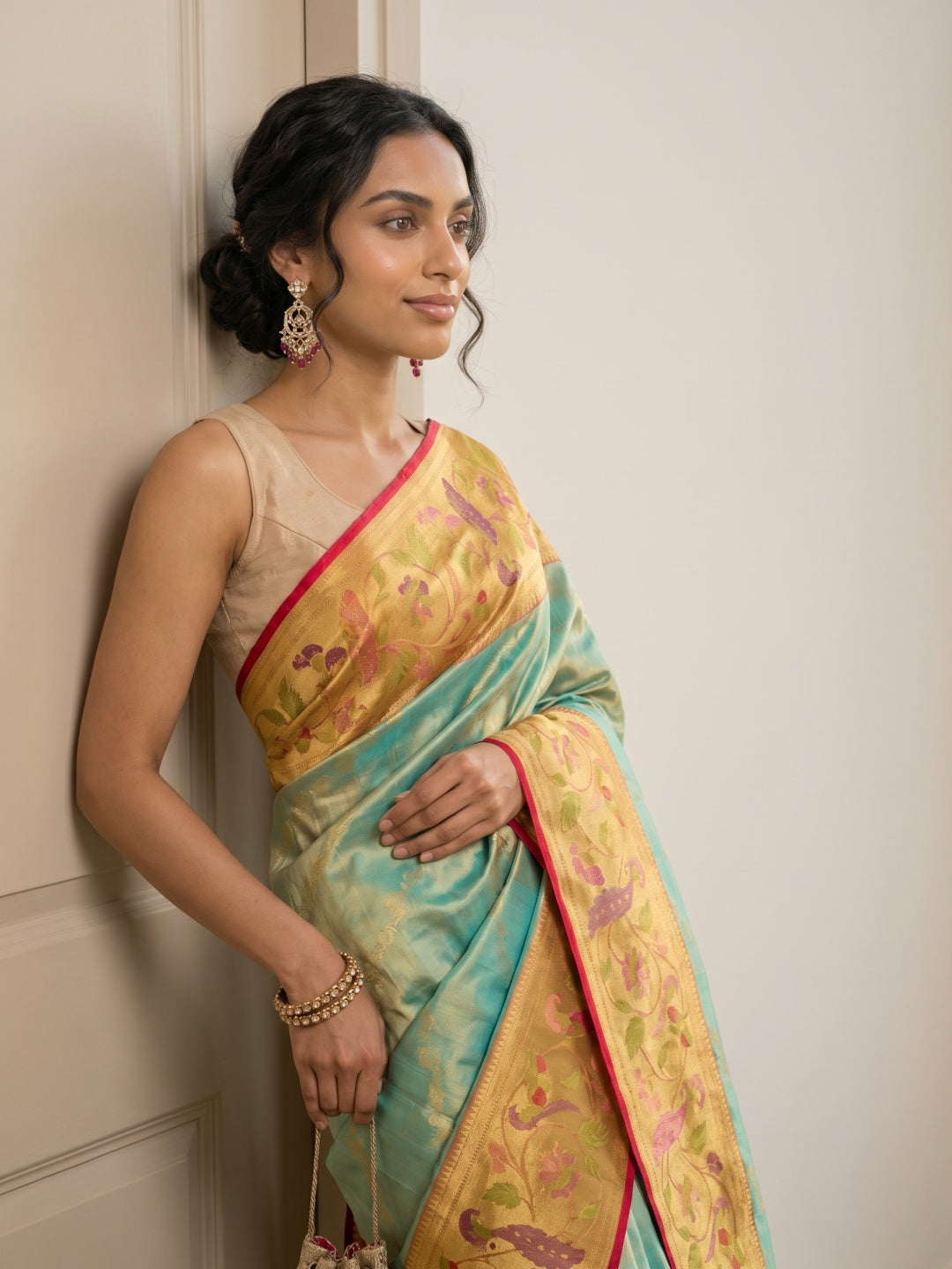 Light Green Pure Kanjeevaram Tissue Silk Saree with Paithani Border - detail