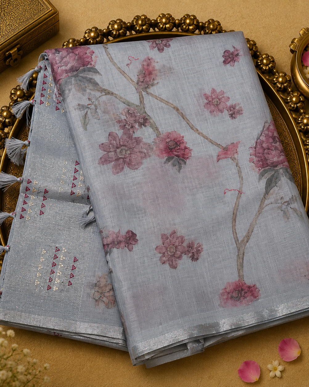 Grey Kotta Cotton Saree with Floral Design & Silver Zari Border