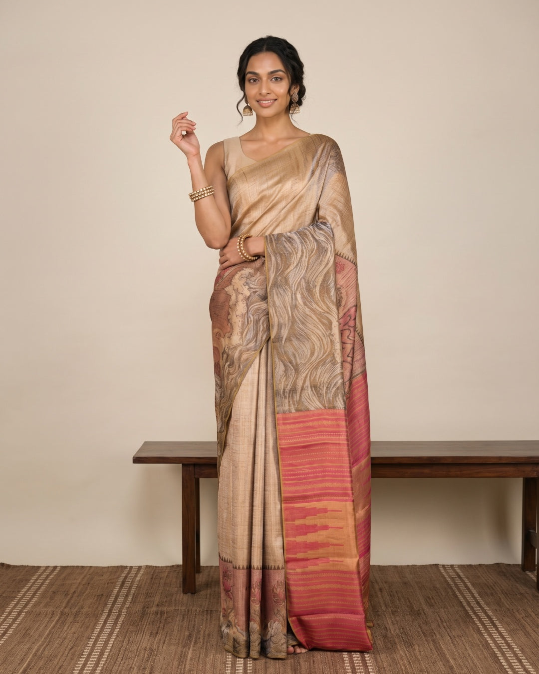 Pink & Gold Pure Kanjeevaram Designer Silk Saree with Floral Motifs