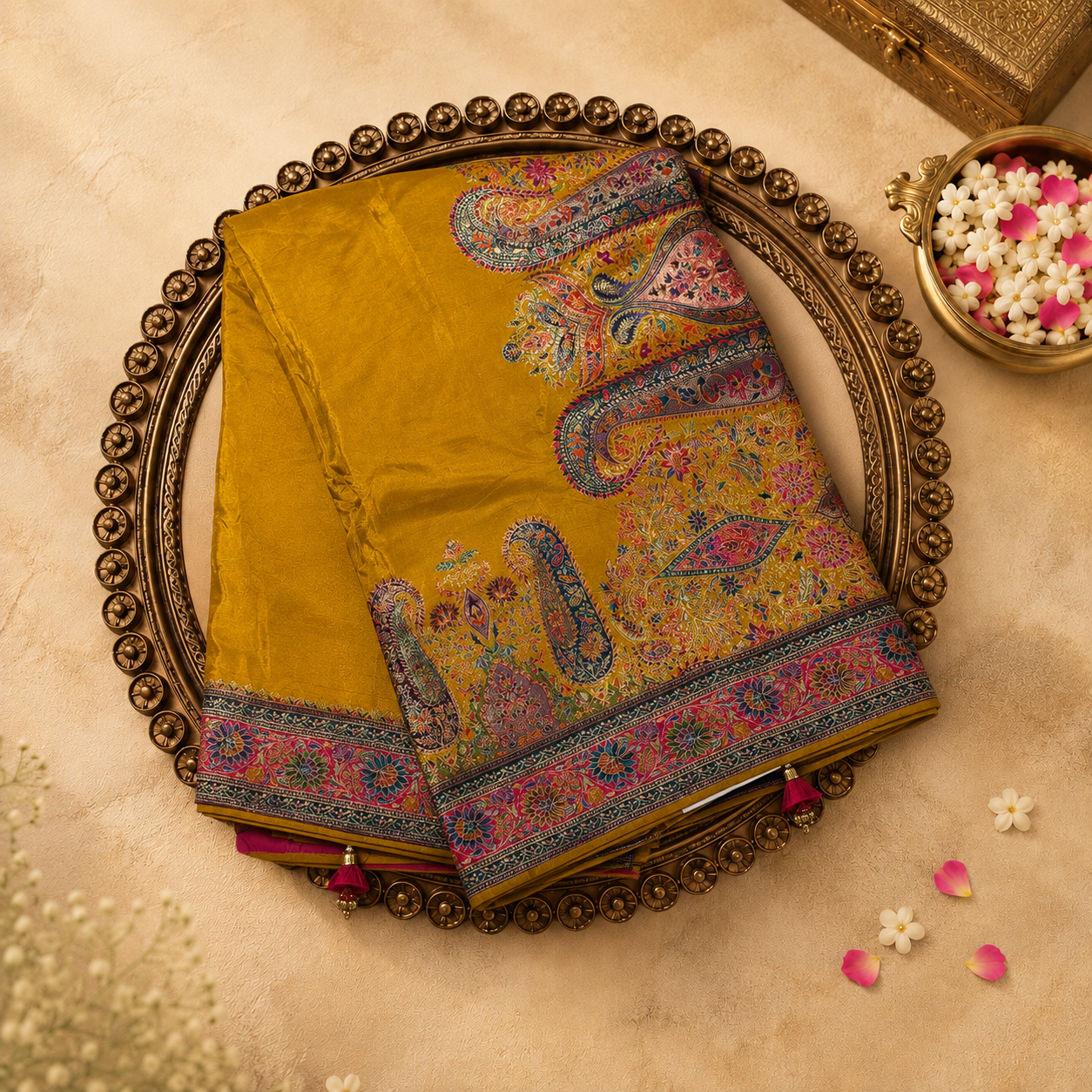 Mustard Semi Pashmina Silk Saree with Meenakari Paisley Border