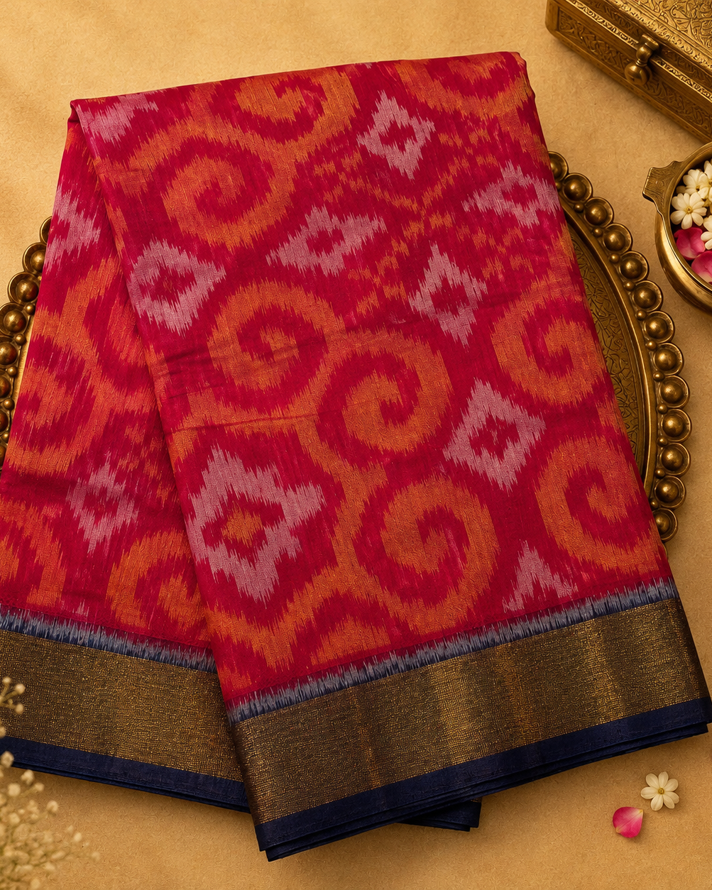 Bright Pink Pure Ikat Handloom Cotton Silk Saree with Dark Blue Border