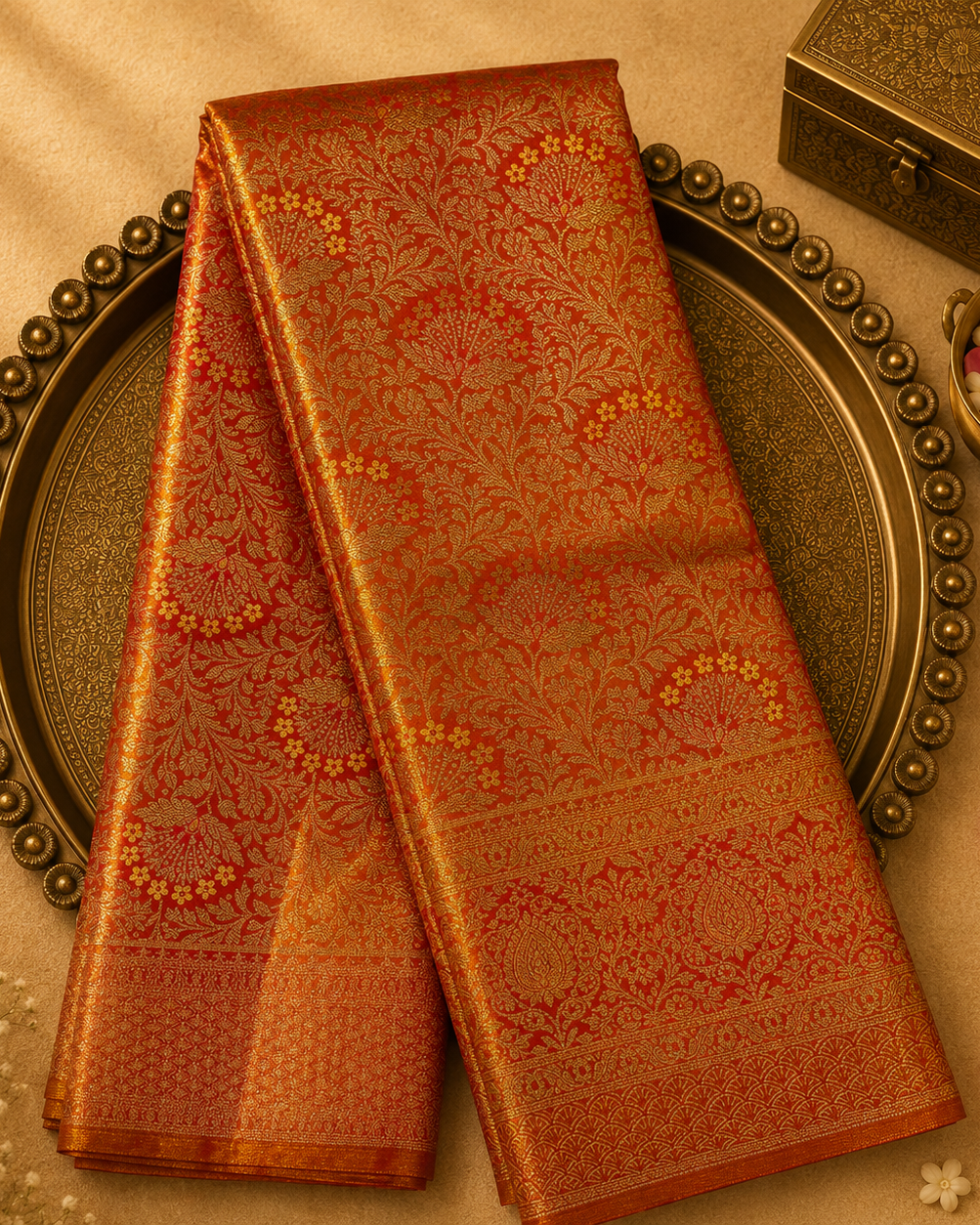 Dark Peach Kanchivaram Tissue Silk Saree with Floral Design