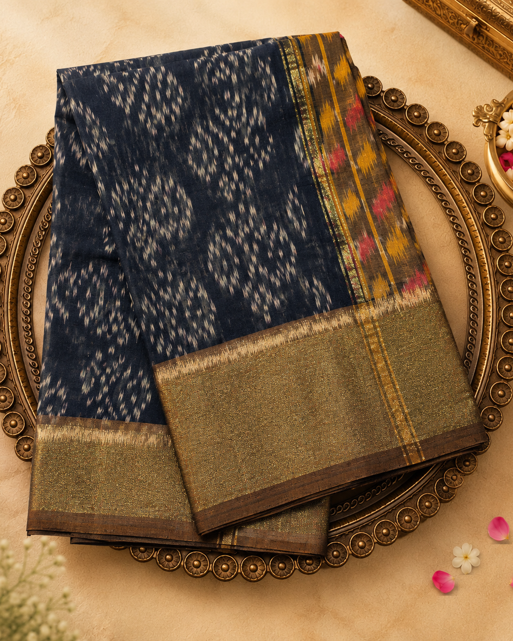 Black Pure Ikat Handloom Cotton Silk Saree with Gold Zari Border