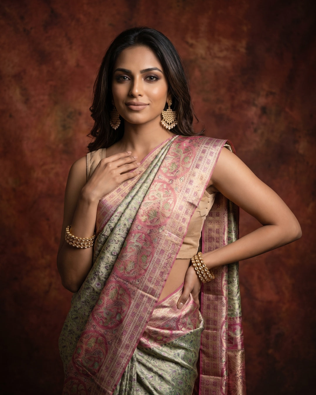 Pista Green Pure Kanjeevaram Tissue Silk Saree with Floral Brocade & Pink Border - detail
