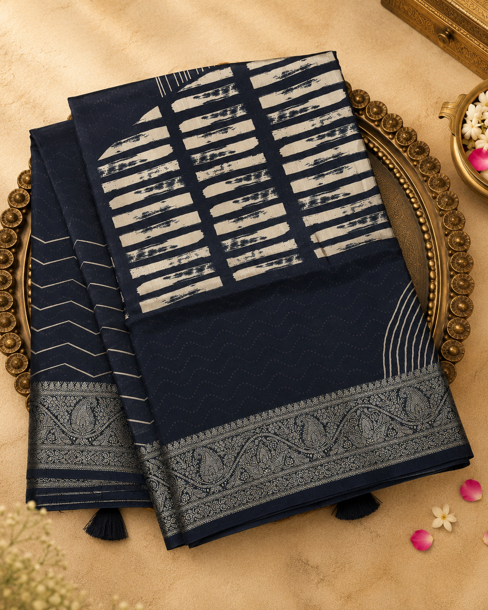 Dark Navy Blue Semi Crepe Silk Saree with Abstract Print & Gold Zari Border