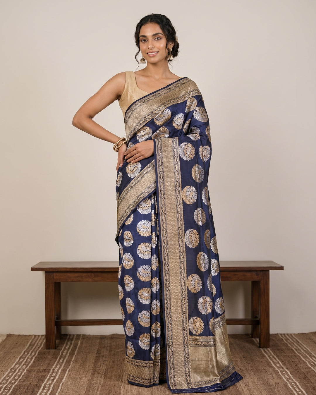 Dark Navy Blue Pure Banarasi Silk Saree with Zari Motifs & Gold Border - detail