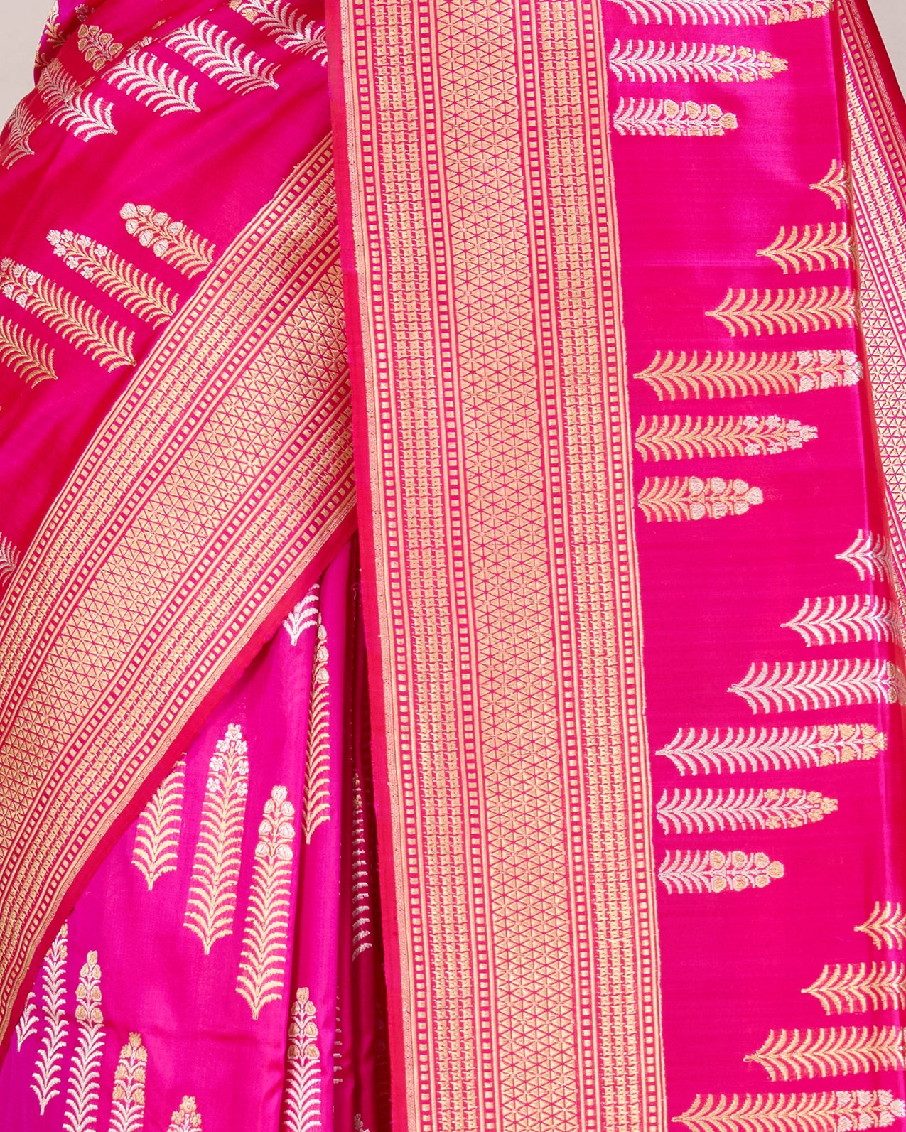 Bright Pink Pure Banarasi Silk Saree with Gold & Silver Diagonal Motifs - detail