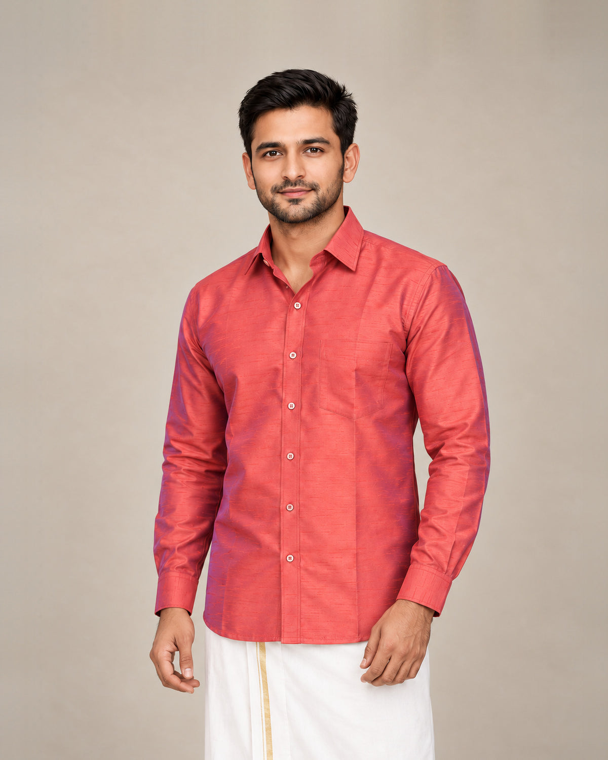Rust Orange and Red Dual-Tone Plain Raw Silk Shirt