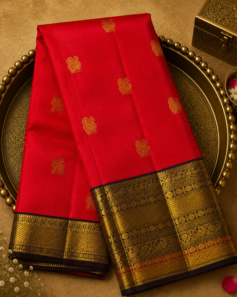 Bright Orange Kanjeevaram Silk Saree with Peacock Zari