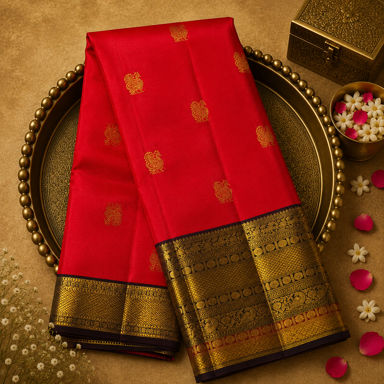 Bright Orange Kanjeevaram Silk Saree with Peacock Zari