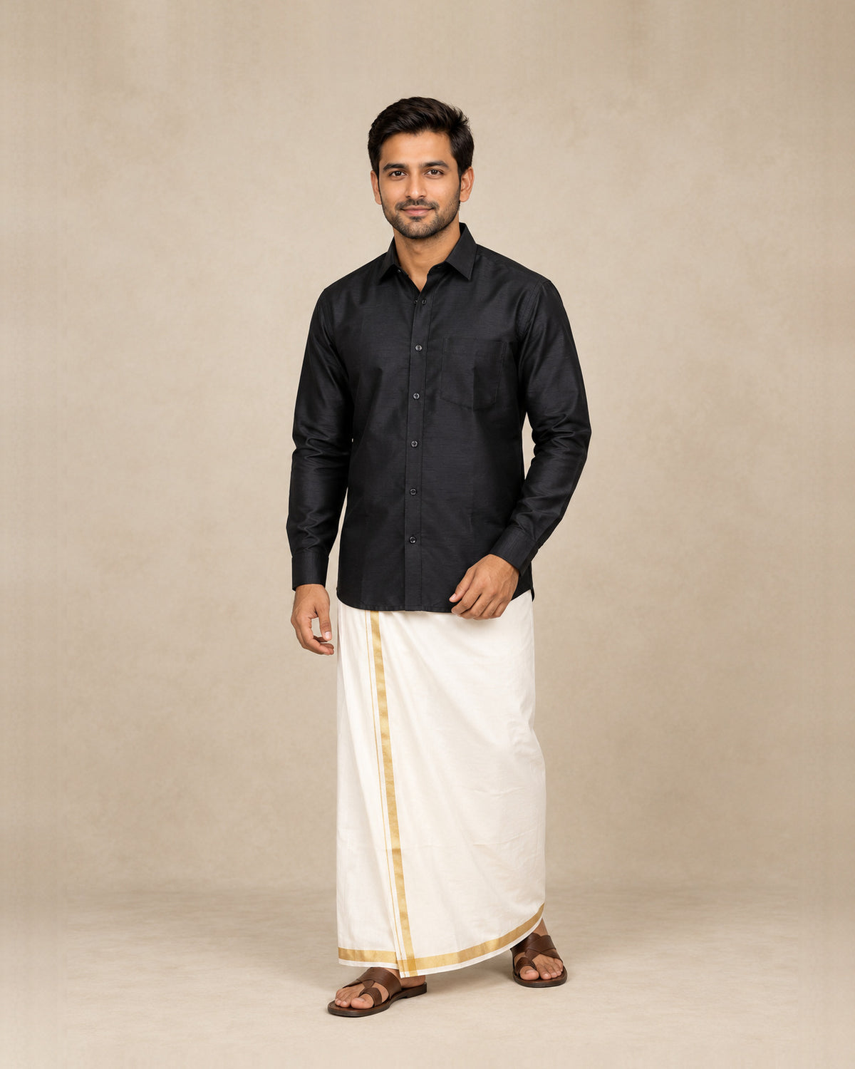 Black Plain Raw Silk Shirt