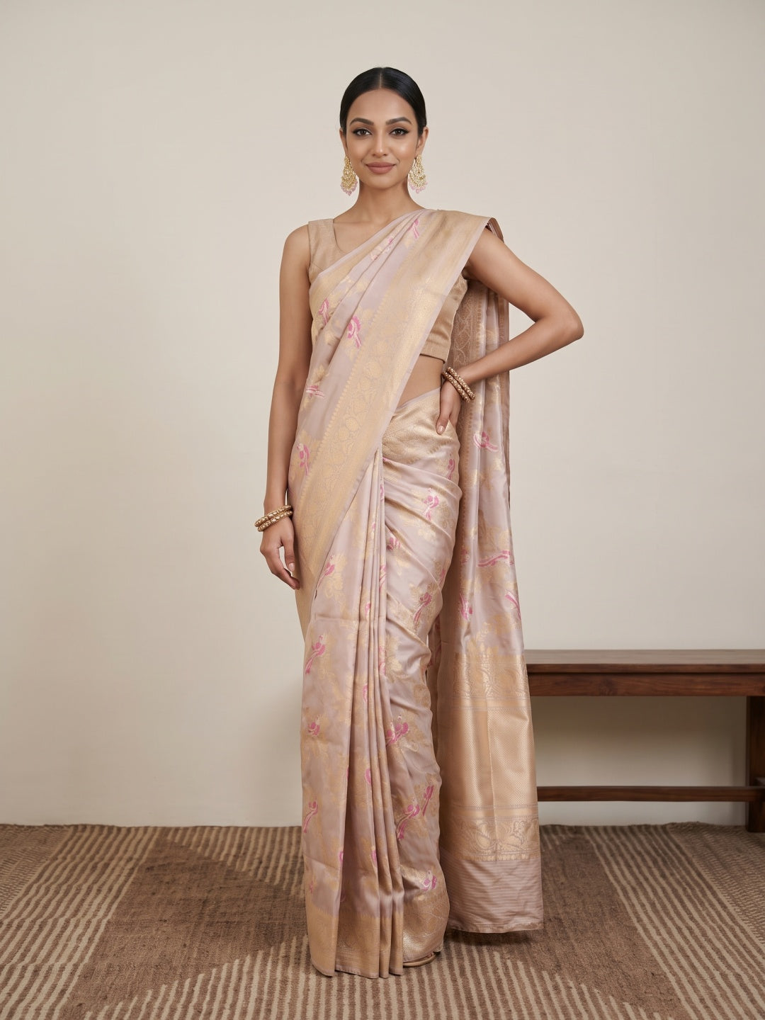 Light Brownish Beige Pure Banarasi Silk Saree with Meenakari Border - detail