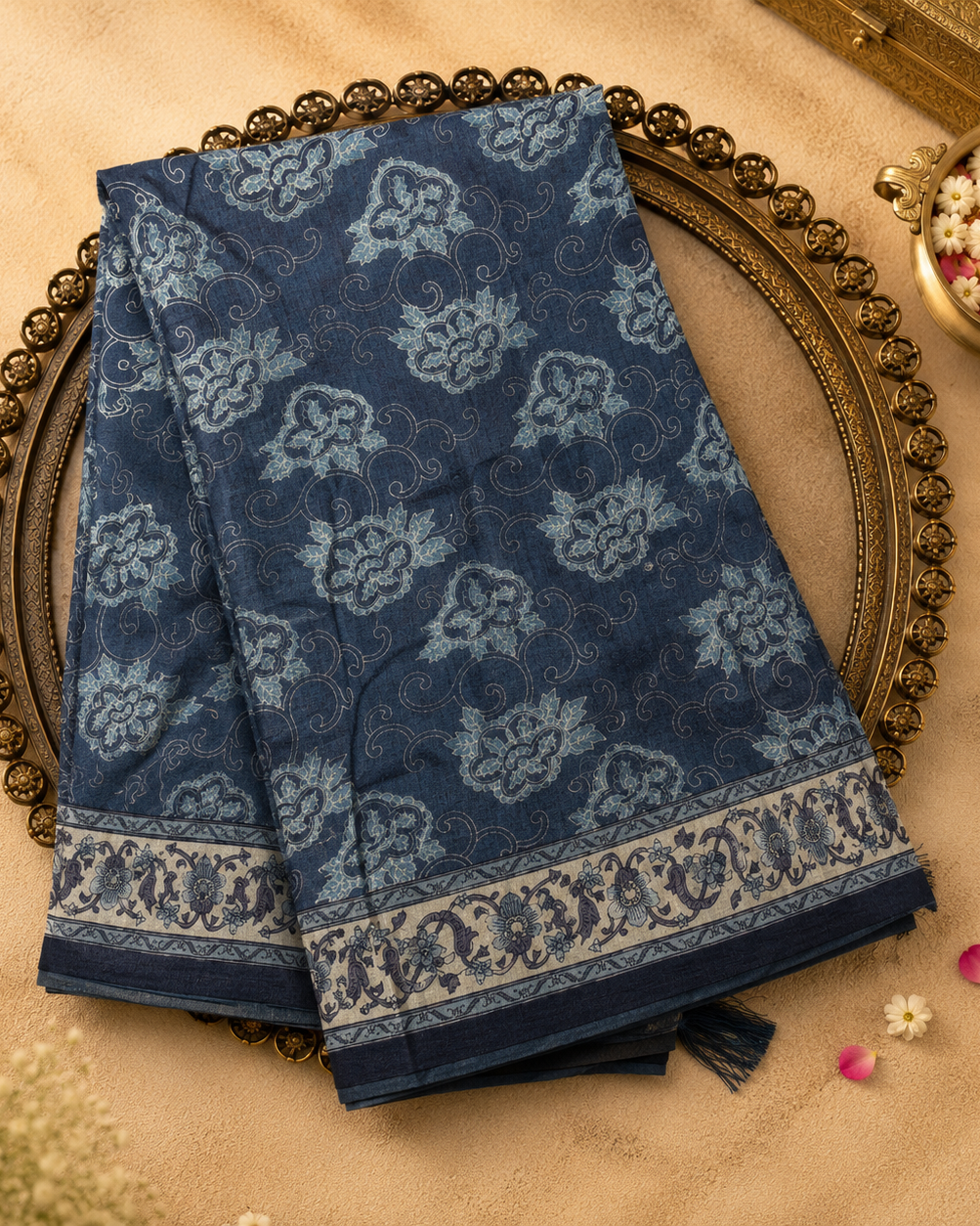 Ink Blue Semi Crepe Silk Saree with Floral Print