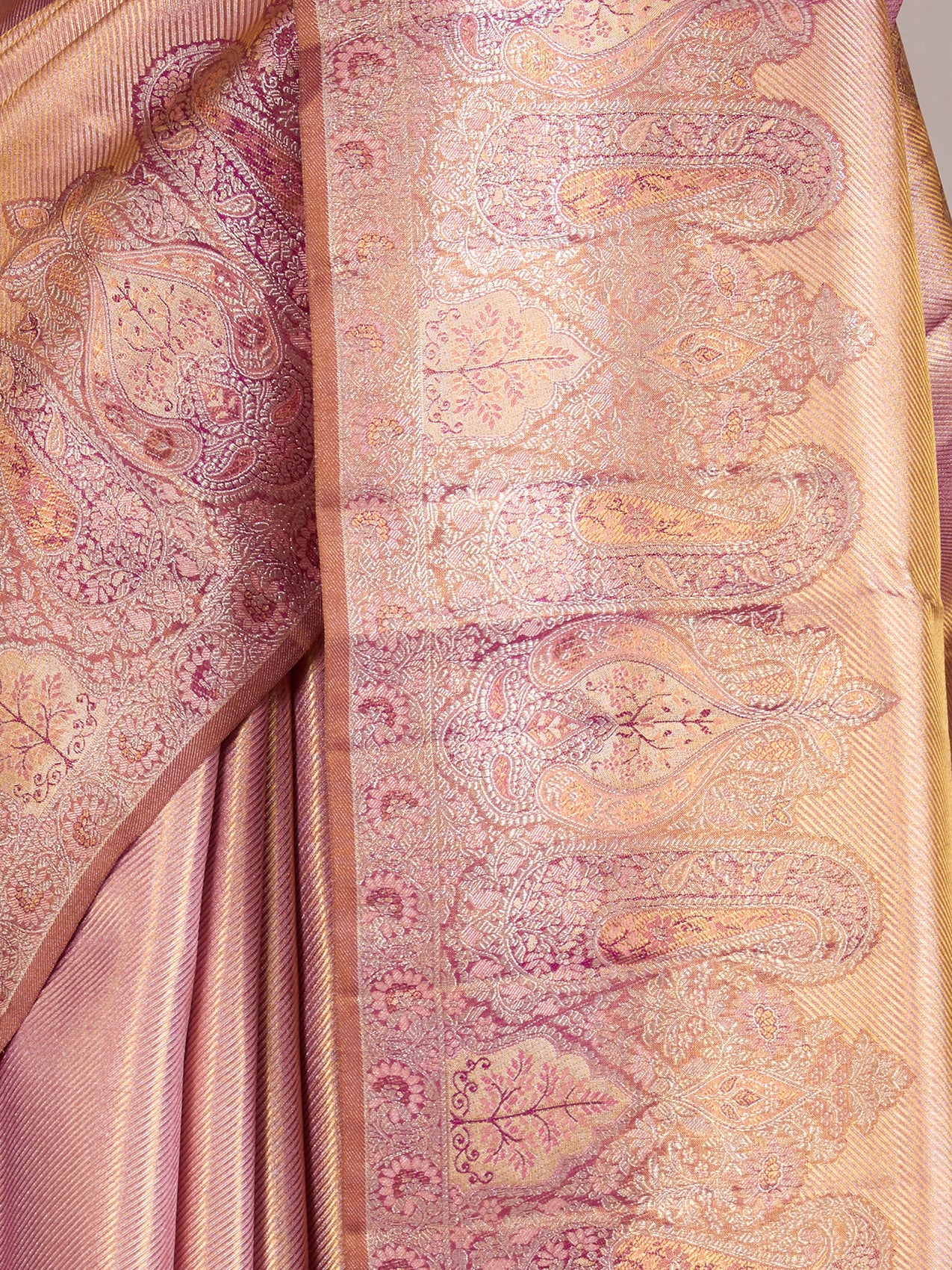 Golden Pink Dual-Tone Pure Kanjeevaram Tissue Saree with Pink Brocade Border - detail