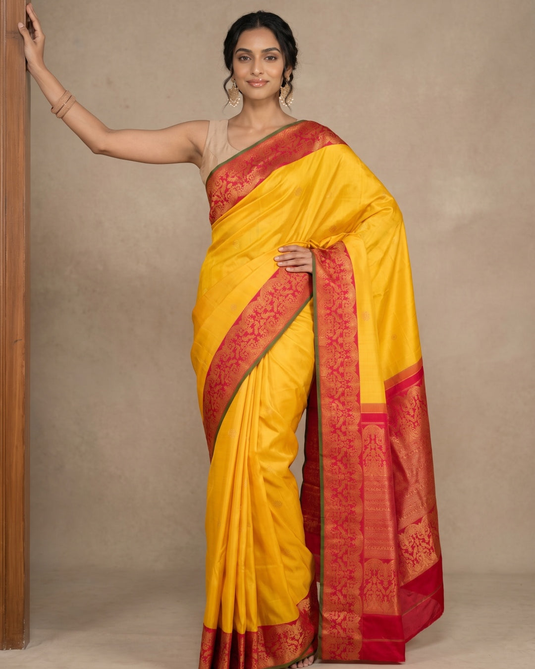 Yellow Pure Kanjeevaram Silk Saree with Gold Zari Motifs & Red Border - detail