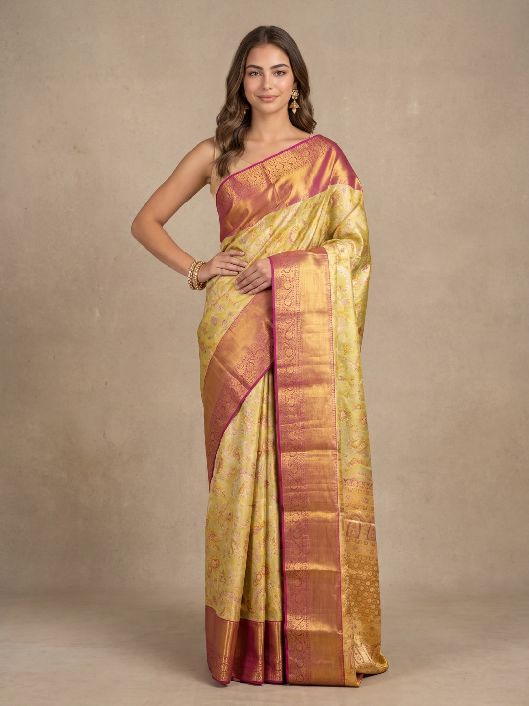 Light Green & Gold Dual-Tone Kanjeevaram Tissue Silk Saree - detail