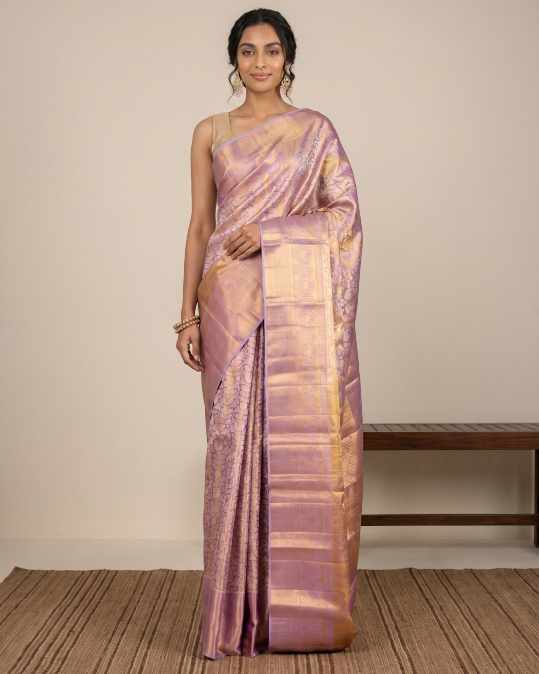 Gold & Lavender Dual-Tone Kanjeevaram Silk Saree with Brocade Weave - detail