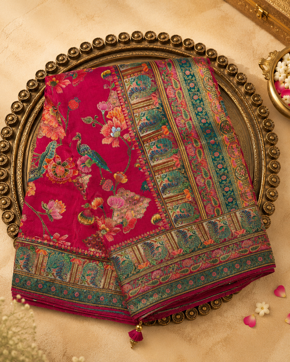 Magenta Pink Semi Pashmina Silk Saree with Peacock Motifs & Multicolour Border