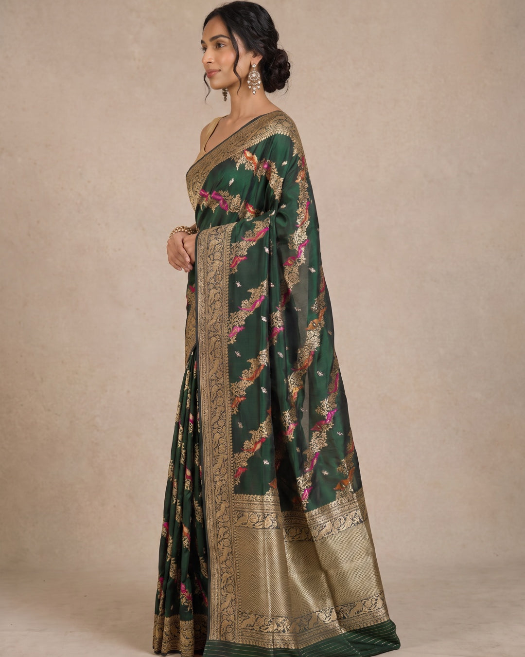 Bottle Green Pure Banarasi Silk Saree with Meenakari Birds & Peacock Border
