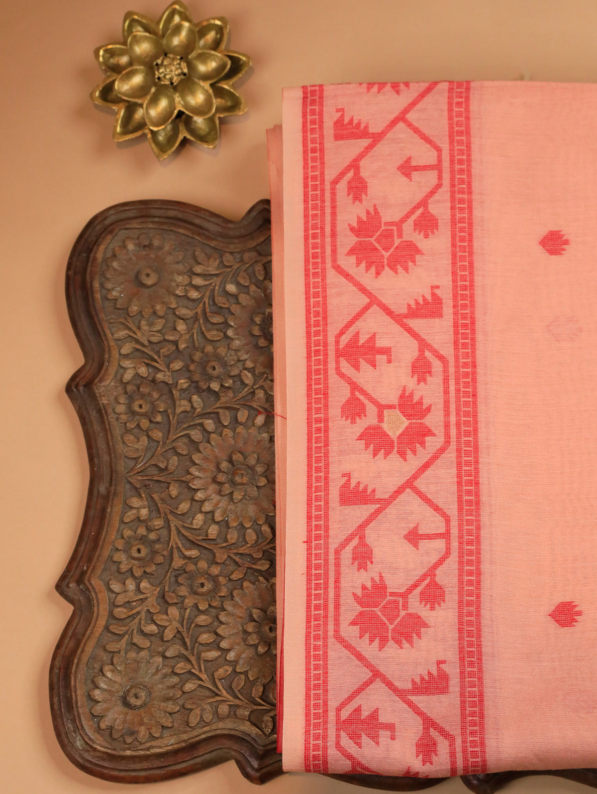 Peach Mulmul Cotton Saree with Buttas & Brick Red Floral Border