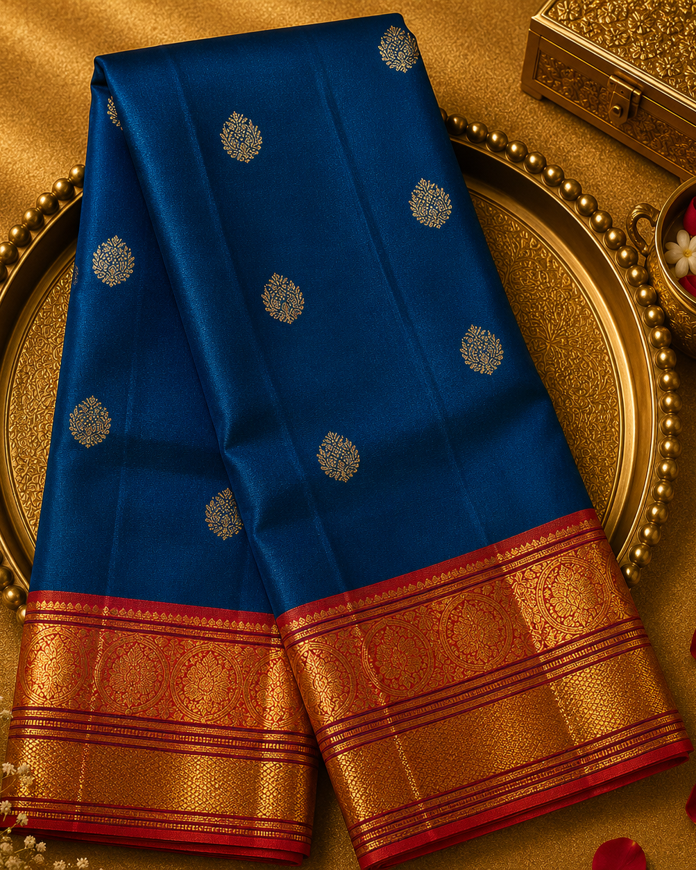 Peacock Green-Blue Dual Tone Kanjeevaram Silk Saree with Buttas