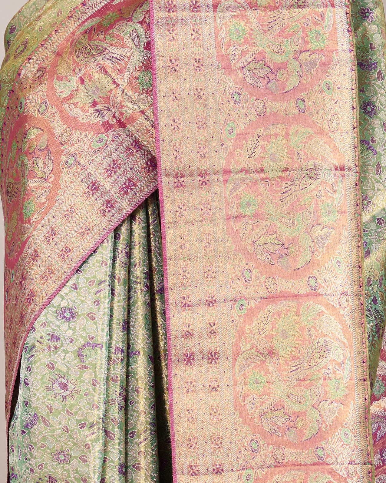 Pista Green Pure Kanjeevaram Tissue Silk Saree with Floral Brocade & Pink Border - detail
