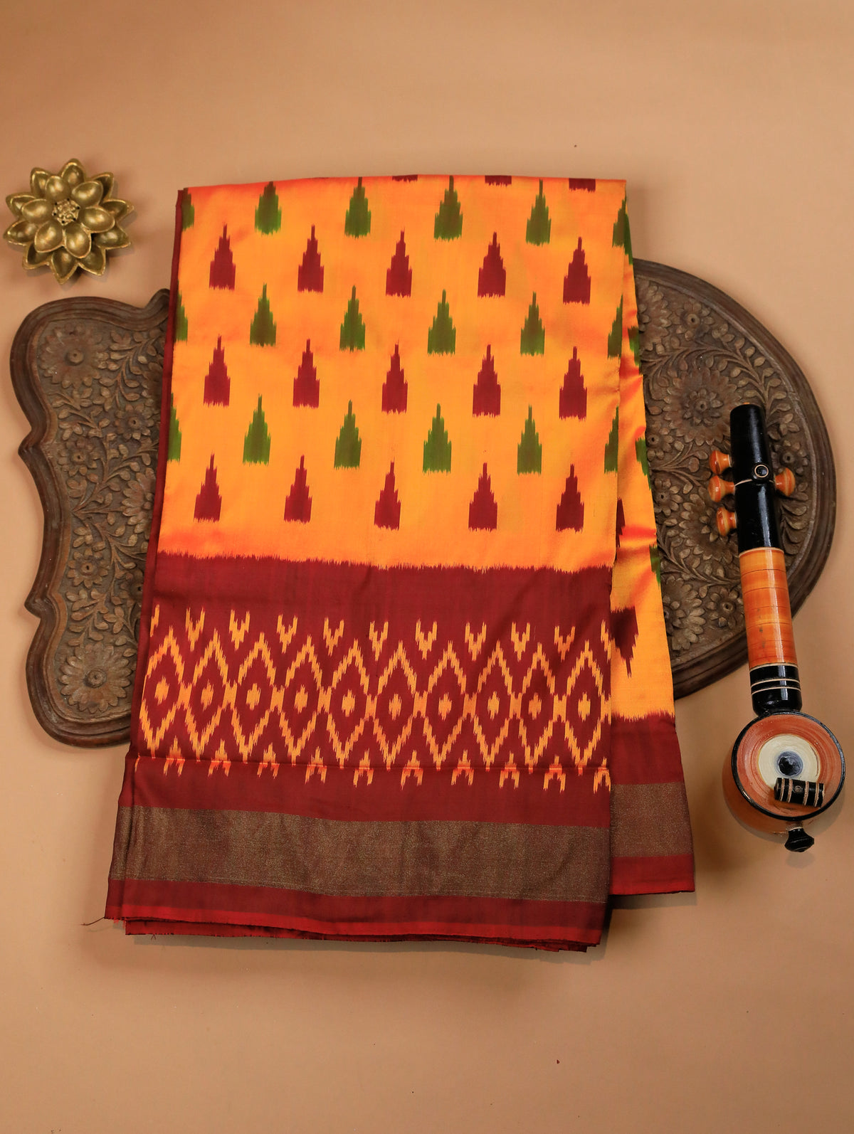 Yellow-Orange Pure Ikat Silk Saree with Maroon Ikat Border