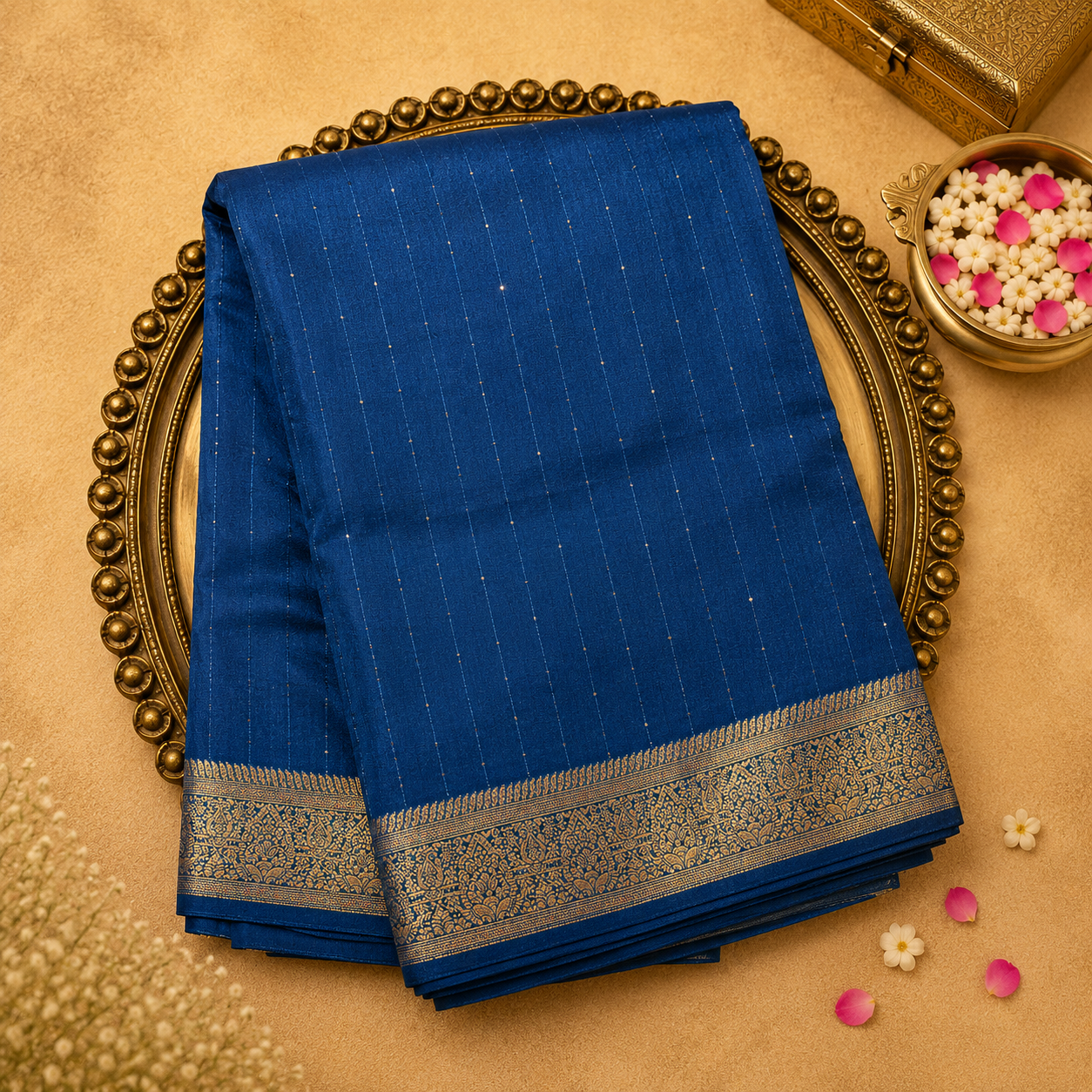 Navy Blue Munga Tussar Silk Saree with Sequin Lines