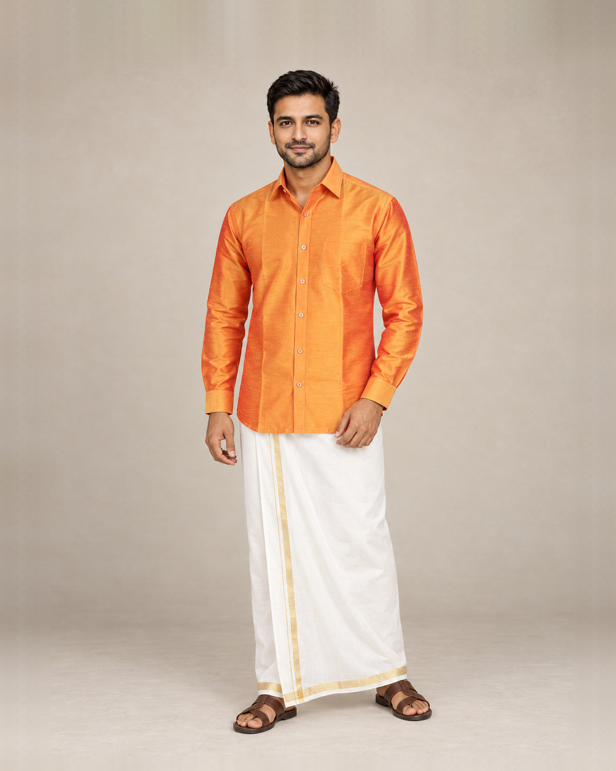 Orange Plain Raw Silk Shirt