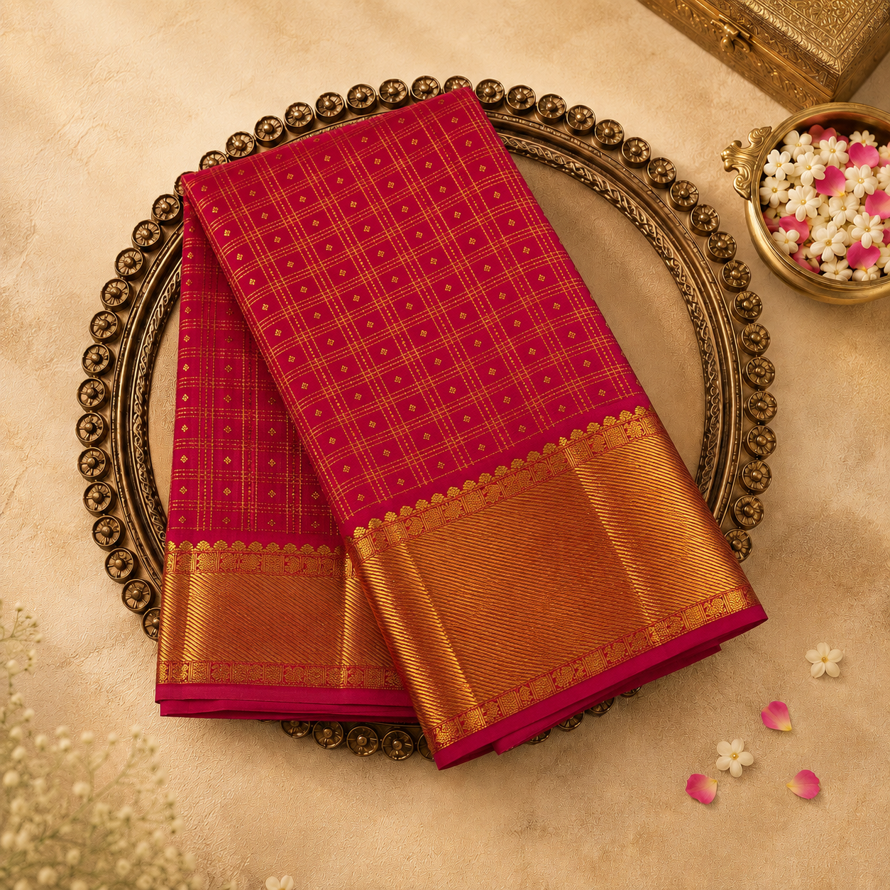 Dark Rani Pink Kanchivaram Pure Silk Saree with Checked Weave