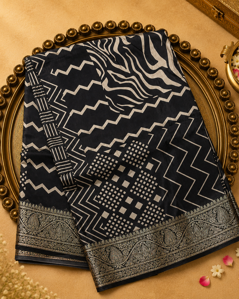 Black Semi Crepe Silk Saree with Abstract Print & Gold Zari Mango Border