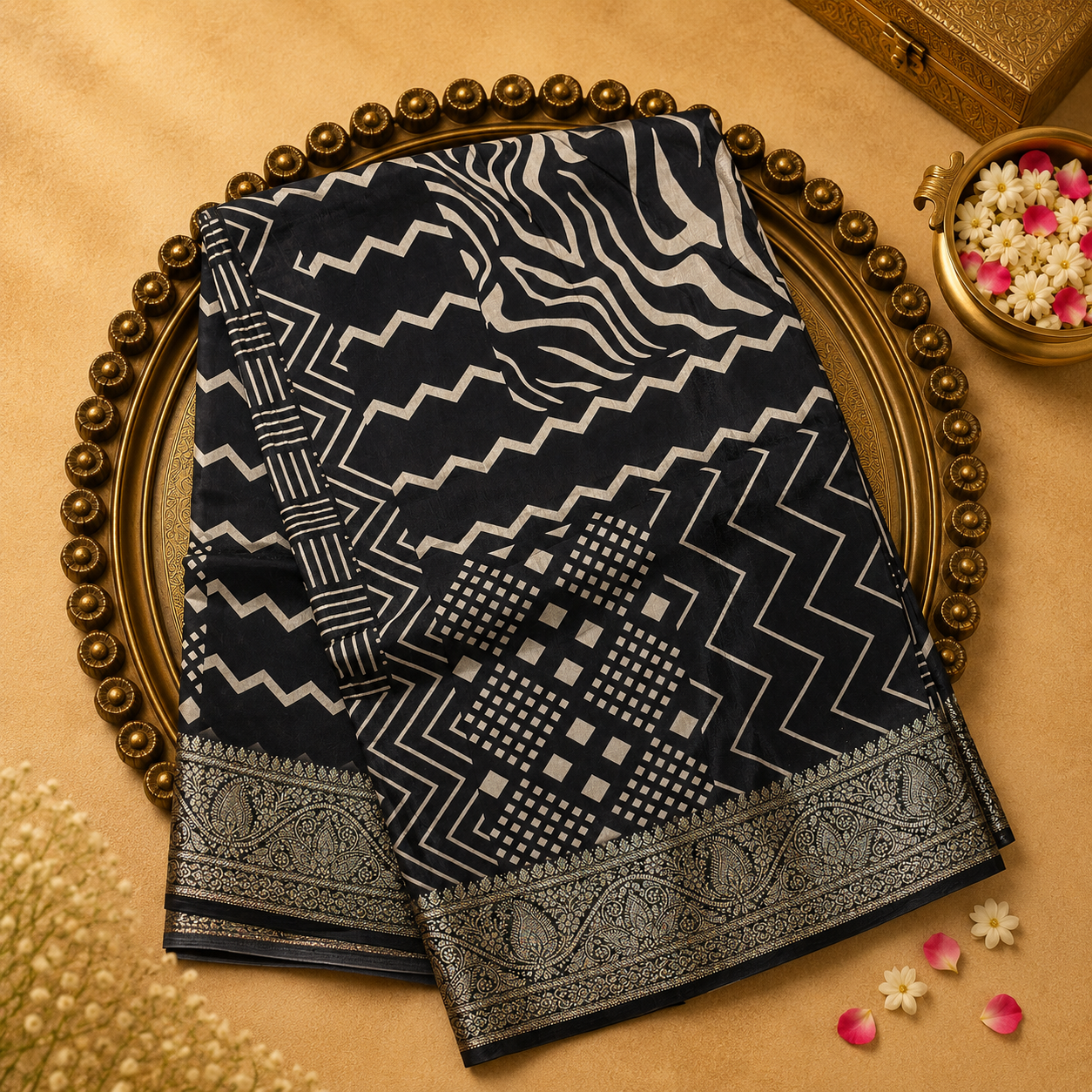Black Semi Crepe Silk Saree with Abstract Print & Gold Zari Mango Border