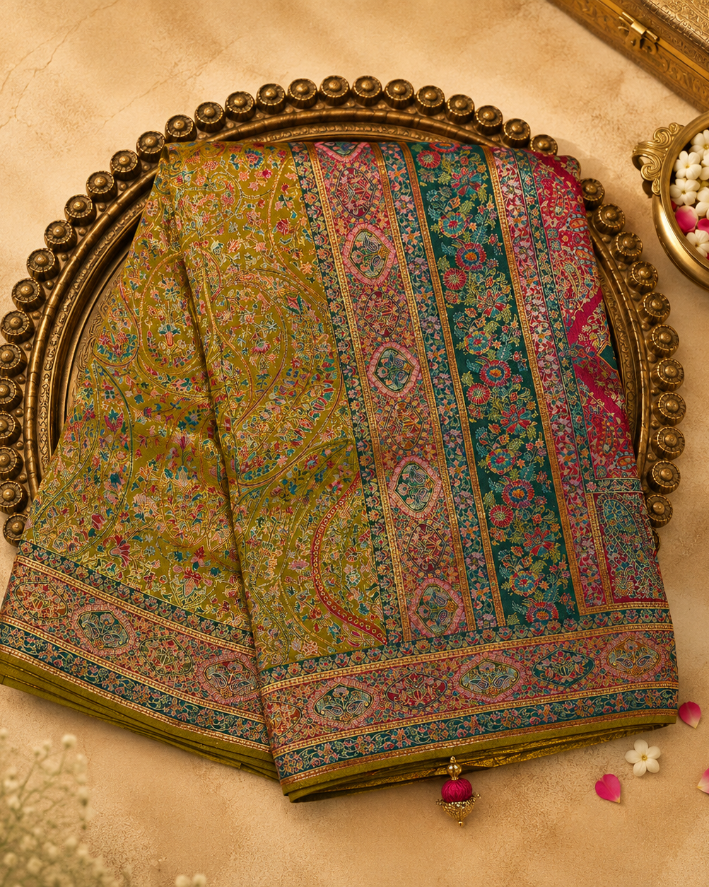 Mustard Semi Pashmina Silk Saree with Meenakari Paisley Border