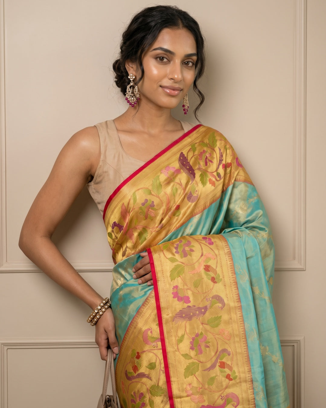 Light Green Pure Kanjeevaram Tissue Silk Saree with Paithani Border - detail