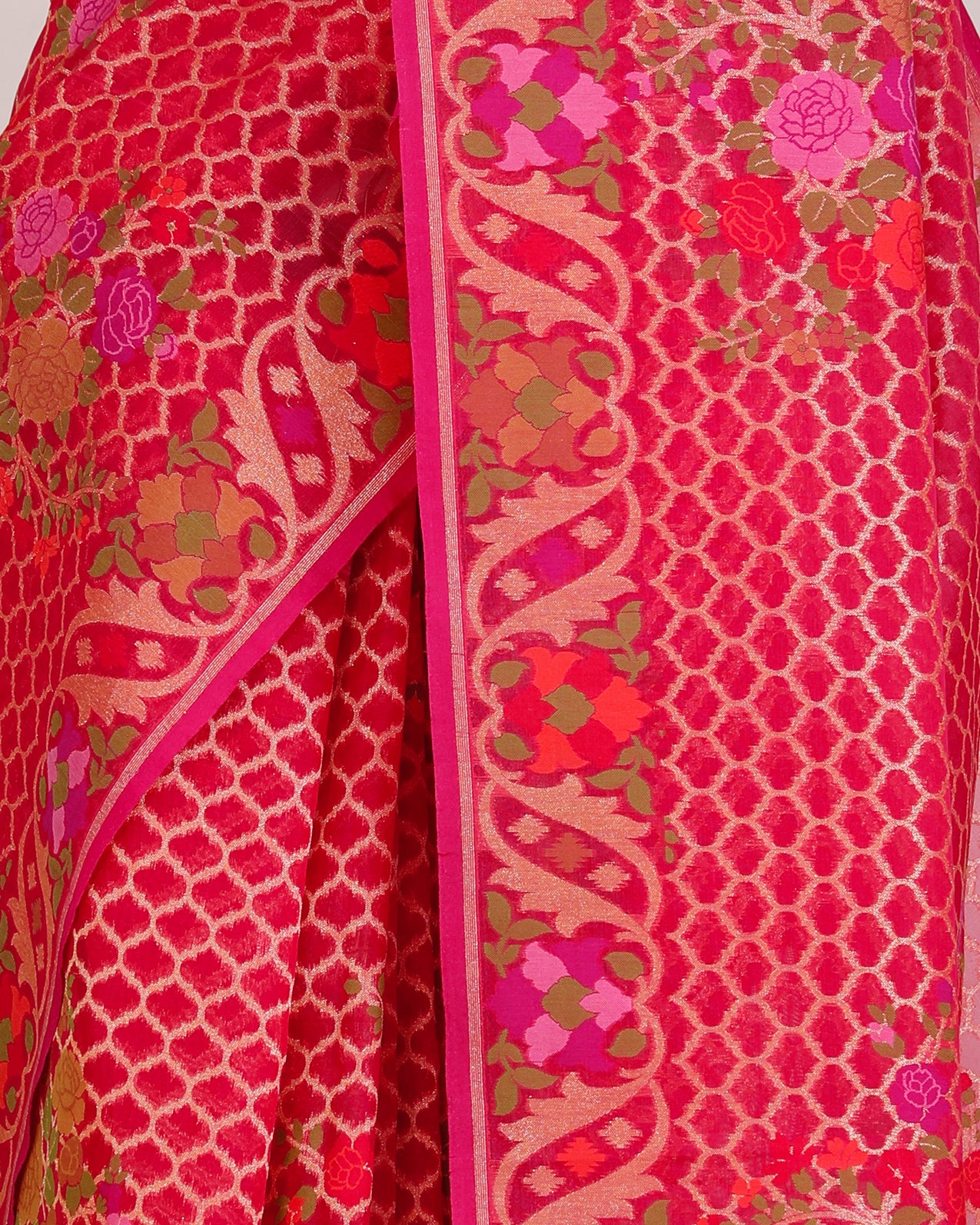Bright Pink Pure Kora Silk Saree with Jamdani Weave & Border - detail