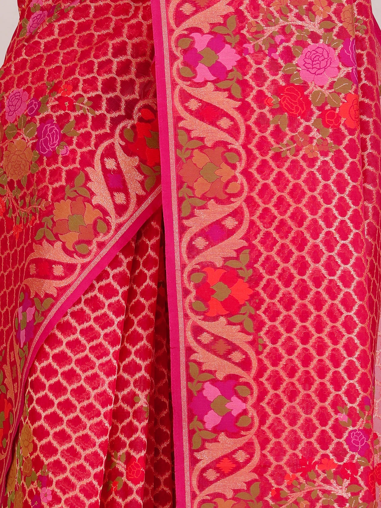 Bright Pink Pure Kora Silk Saree with Jamdani Weave & Border - detail