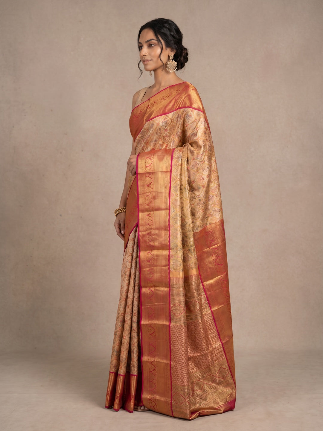 Golden Kanjeevaram Silk Saree with Brocade Weave & Red Zari Border