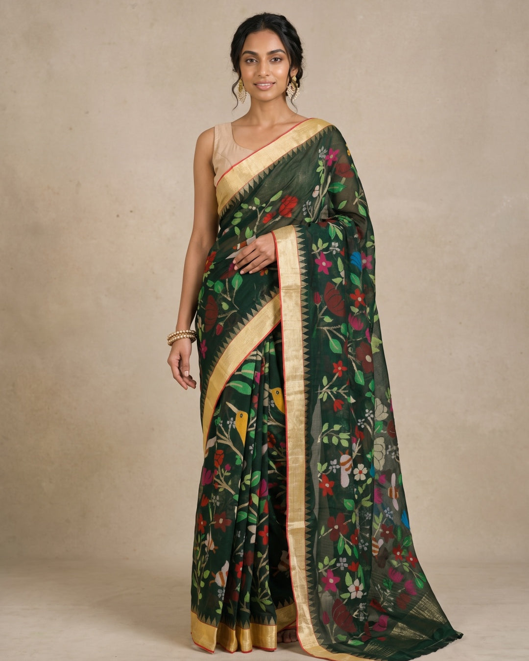 Bottle Green Pure Khaddi Saree with Meenakari Jamdani & Gold Border - detail